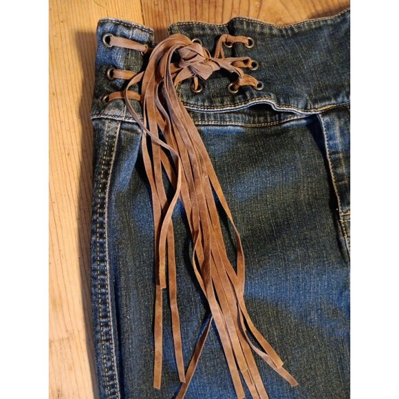 Vtg Jalate Denim Maxi Skirt Juniors 9 10 Grommet Strappy Fringe Tie Western Boho - Picture 2 of 6